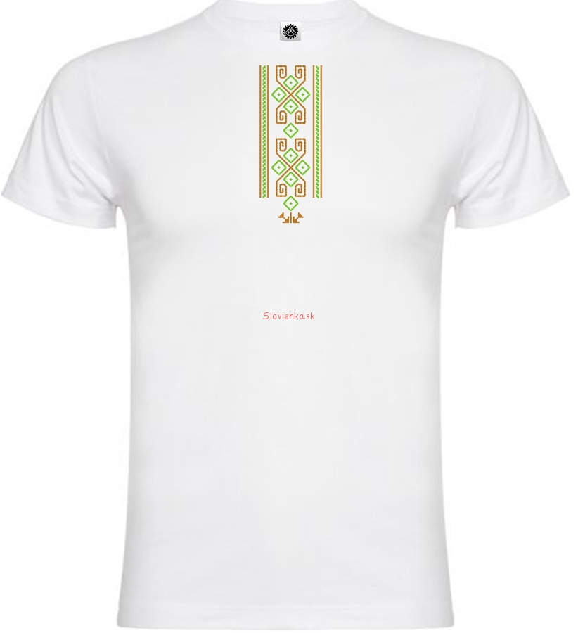 Vysivane_tricko_panske_muz_biele_ukrajinsky_narodny_vzor-PAS-prvky_slovanske_zeleno_hneda_slovienka.sk