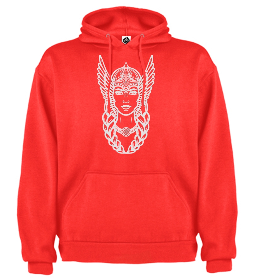 panska-mikina-s kapucnou-Muzska-vysivka-vysivana-cervena-VALKYRIA-slovanska-bohyna-ochrankyna-bojovnikov-biela-slovienka.sk