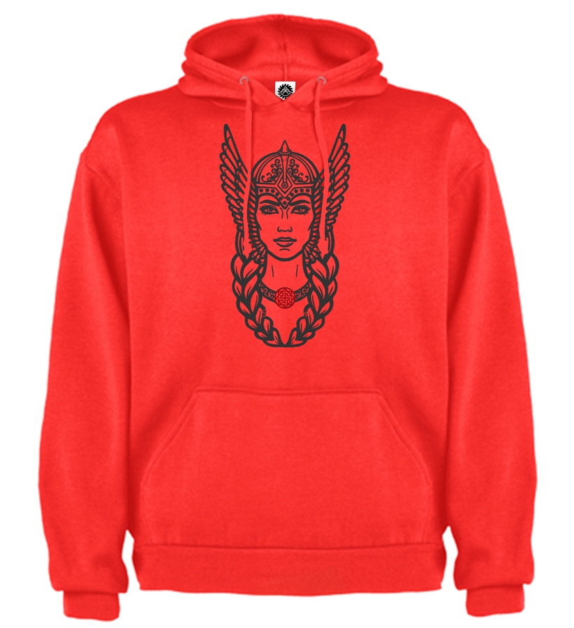 panska-mikina-s kapucnou-Muzska-vysivka-vysivana-cervena-VALKYRIA-slovanska-bohyna-ochrankyna-bojovnikov-grafit-slovienka.sk